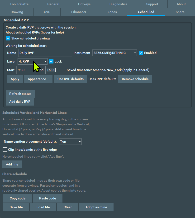 Scheduled R.V.P. settings with daily times, destination layer, and Lock enabled