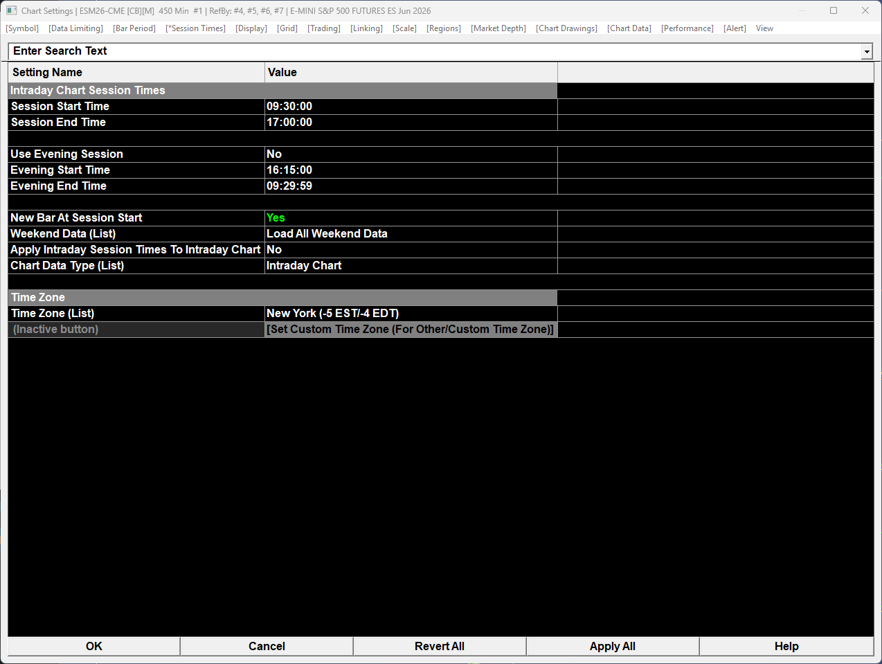Sierra Chart Session Times dialog showing 09:30:00 start, 17:00:00 end, no evening session, time zone New York