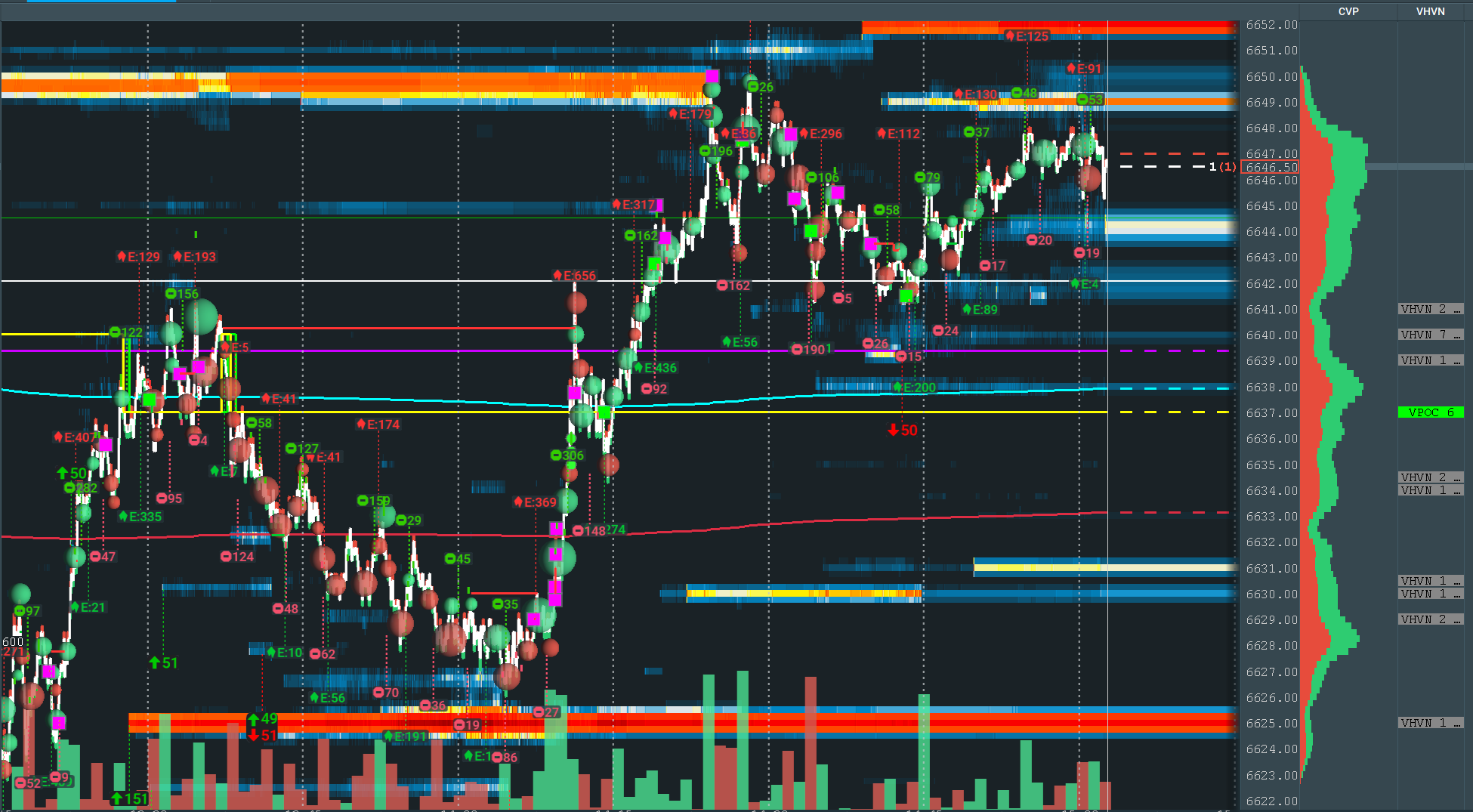 VPOC Migration Pro showing naked VPOCs, tested levels, and migration tracking on Bookmap